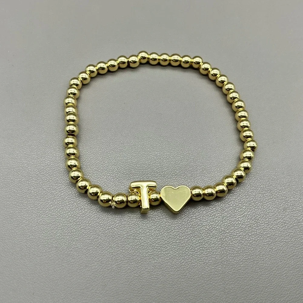 MOOHAM Initial Bracelet Women Gold Beaded Stretch Heart Charm Letter T Jewelry